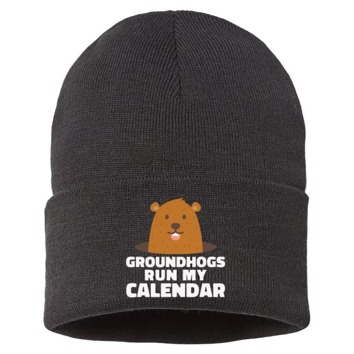 Groundhogs Run My Calendar February Weather Winter Spring Sustainable Knit Beanie