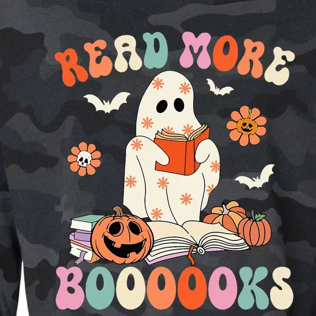 Groovy Read More Books Cute Ghost Boo Funny Halloween Spooky Cropped Pullover Crew