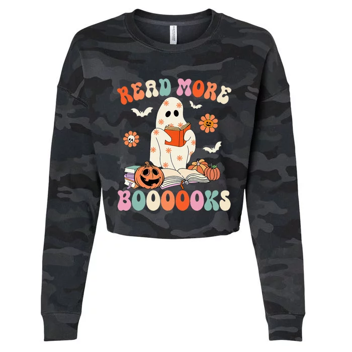 Groovy Read More Books Cute Ghost Boo Funny Halloween Spooky Cropped Pullover Crew