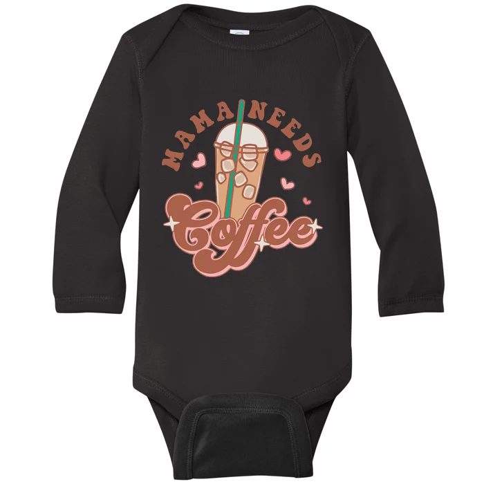 Groovy Retro Mama Needs Coffee Funny Mother's Day Baby Long Sleeve Bodysuit