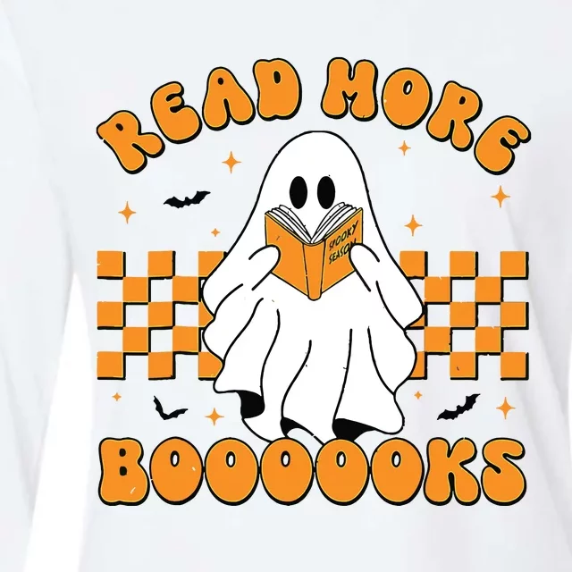 Groovy Read More Books Cute Ghost Retro Halloween Teacher Womens Cotton Relaxed Long Sleeve T-Shirt