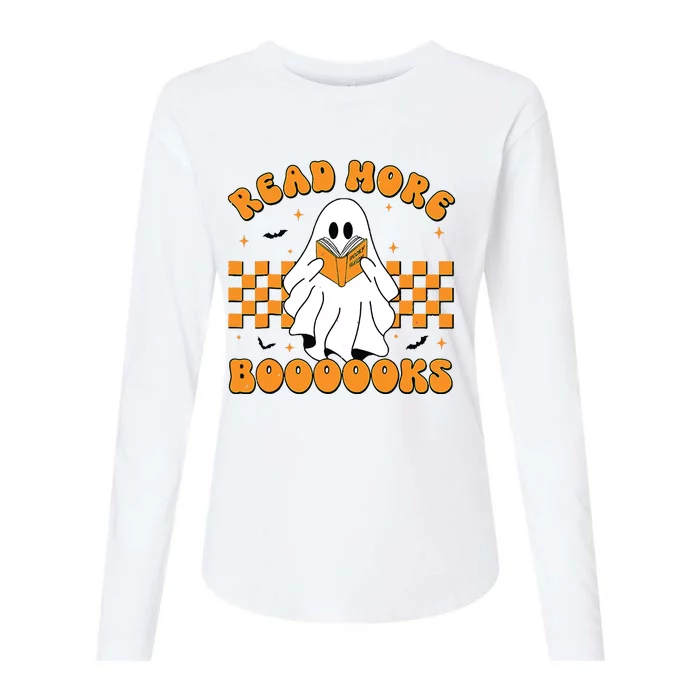 Groovy Read More Books Cute Ghost Retro Halloween Teacher Womens Cotton Relaxed Long Sleeve T-Shirt