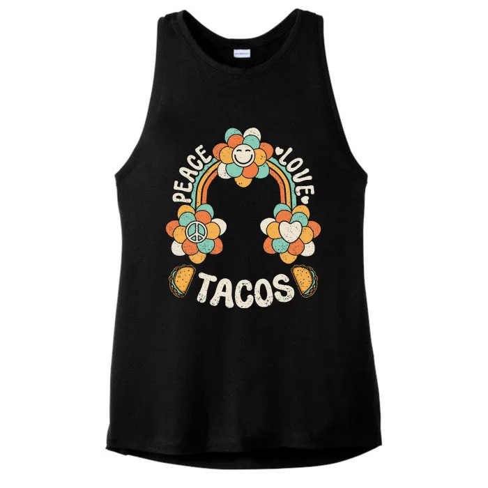 Groovy Rainbow Outfit Mexican Food Lover Peace Love Tacos Ladies Tri-Blend Wicking Tank