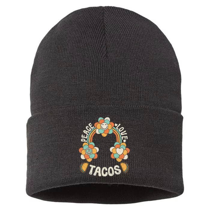 Groovy Rainbow Outfit Mexican Food Lover Peace Love Tacos Sustainable Knit Beanie