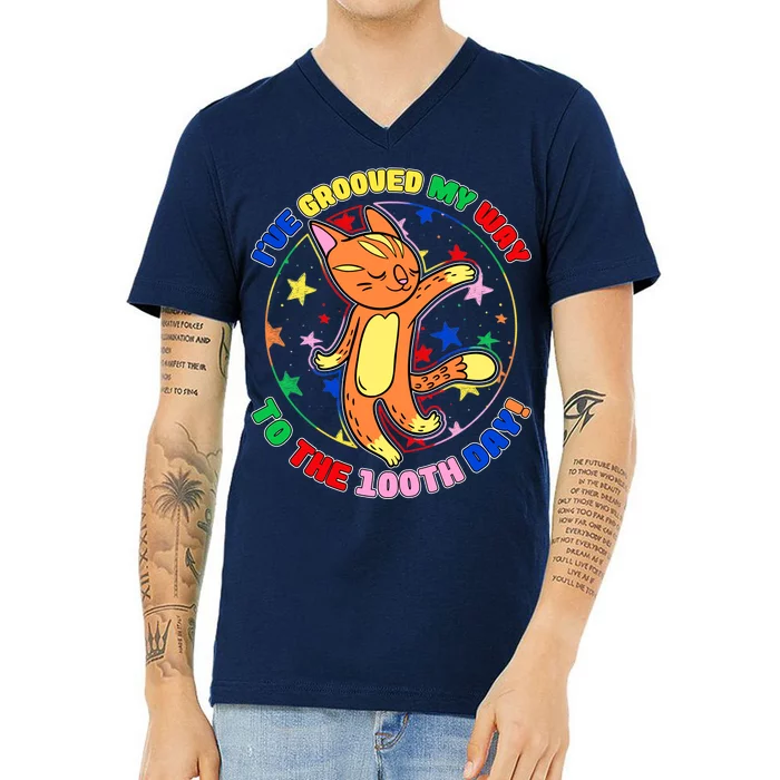 Groovy Cat 100th Day of School V-Neck T-Shirt