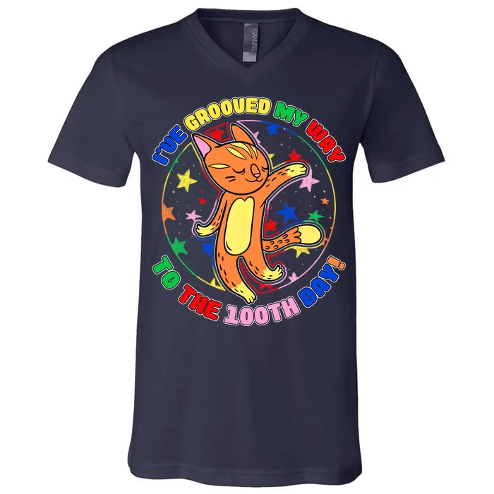 Groovy Cat 100th Day of School V-Neck T-Shirt