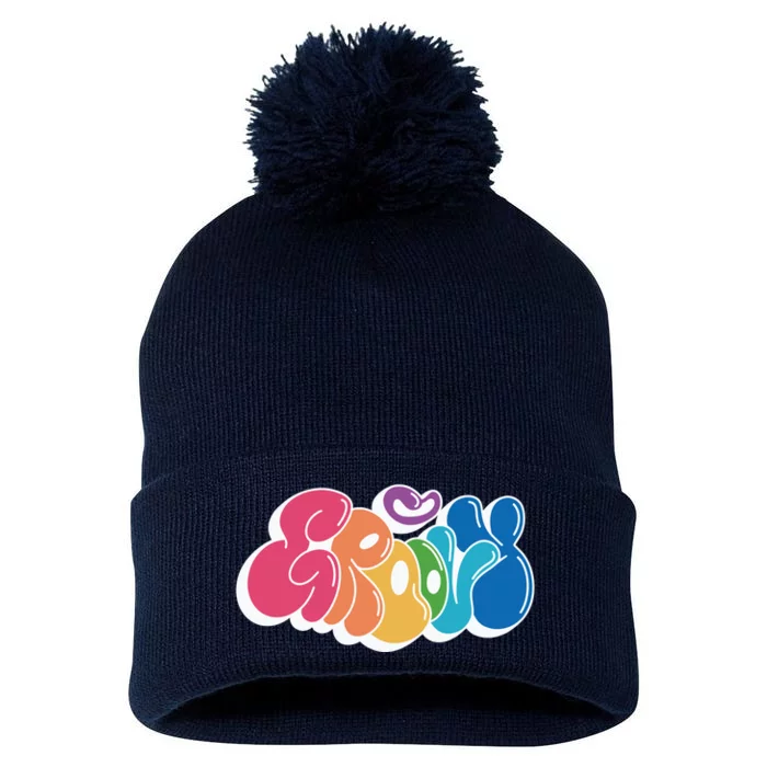 Groovy Retro Colorful Pom Pom 12in Knit Beanie