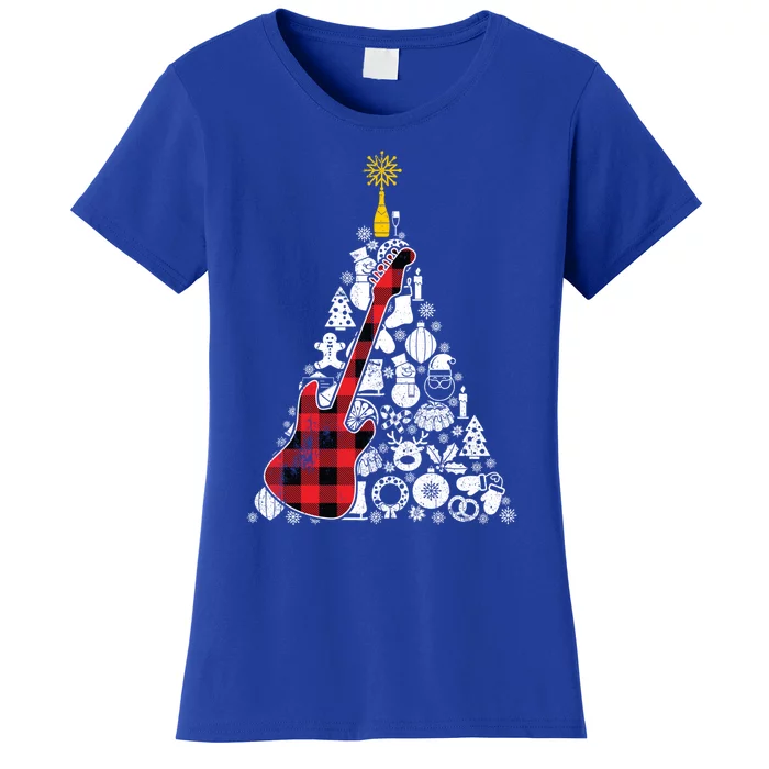 Guitar Red Plaid Christmas Tree Ornat Decor Xmas Pajama Meaningful Gift Women's T-Shirt