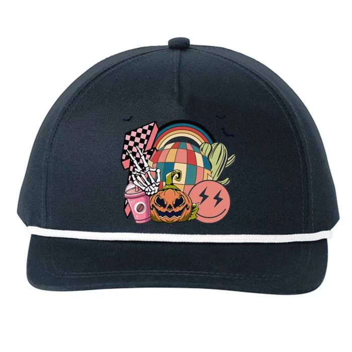 Groovy Retro Pumpkin Spice Hippie Funny Skeleton Halloween Snapback Five-Panel Rope Hat