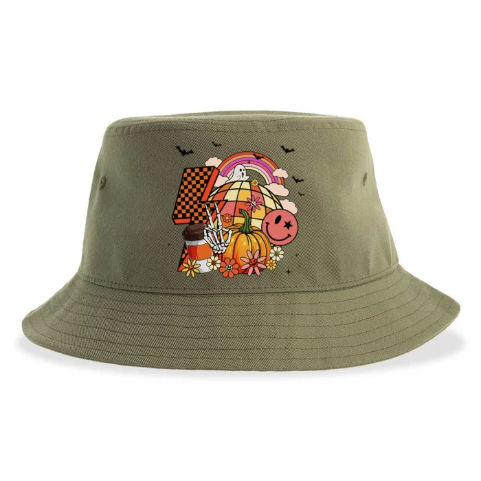 Groovy Retro Pumpkin Spice Hippie Funny Skeleton Halloween Sustainable Bucket Hat