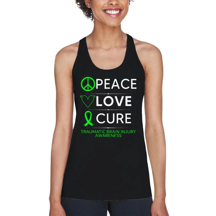 Green Ribbon Peace Cure Traumatic Brain Injury Awareness Women's Racerback Tank