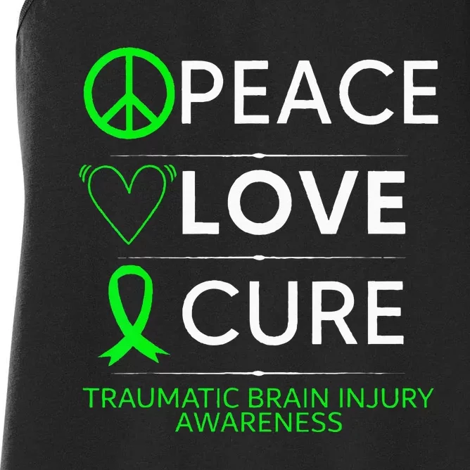 Green Ribbon Peace Cure Traumatic Brain Injury Awareness Women's Racerback Tank