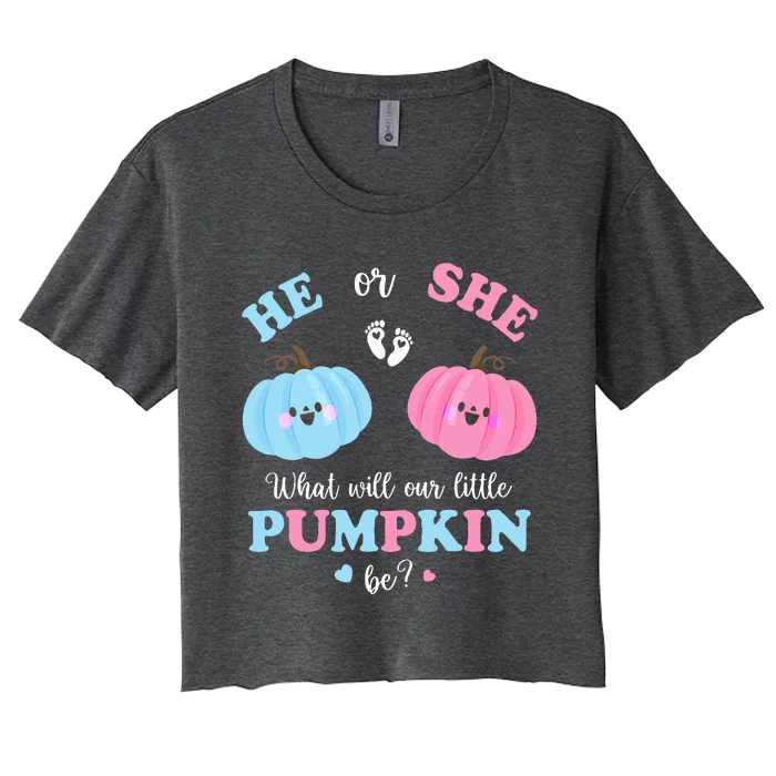 Gender Reveal Party Cute Pumpkin Baby Shower Mom and Dad Women's Crop Top Tee