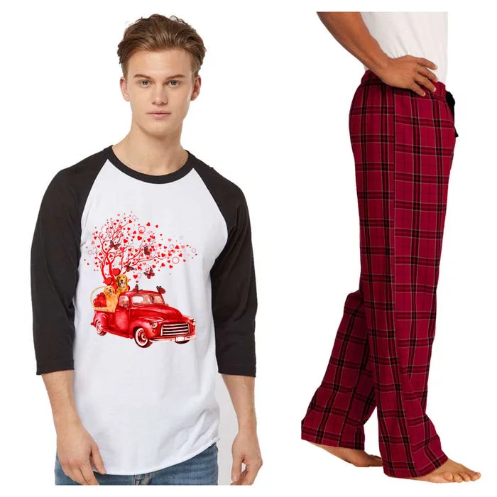 Golden Retriever Riding Red Truck Valentine Butterfly Tree Gift Raglan Sleeve Pajama Set