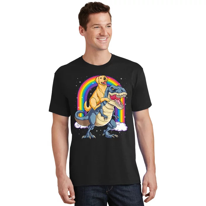 Golden Retriever Riding Dinosaur T RexBoys Rainbow T-Shirt