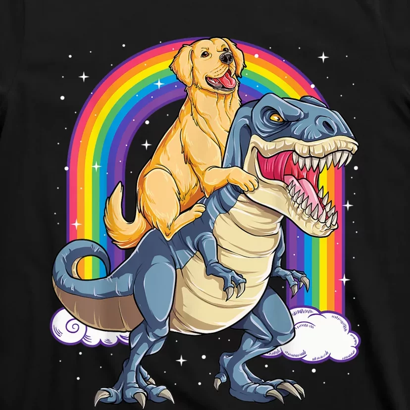 Golden Retriever Riding Dinosaur T RexBoys Rainbow T-Shirt