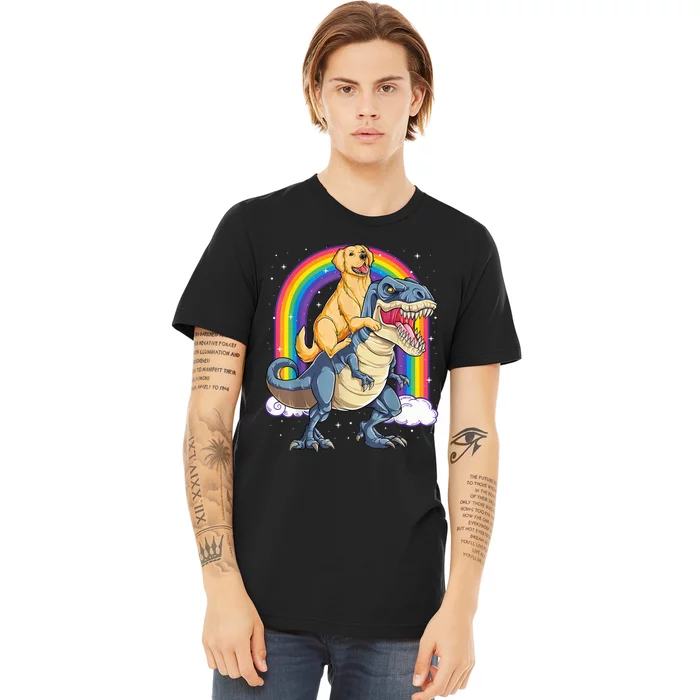 Golden Retriever Riding Dinosaur T RexBoys Rainbow Premium T-Shirt