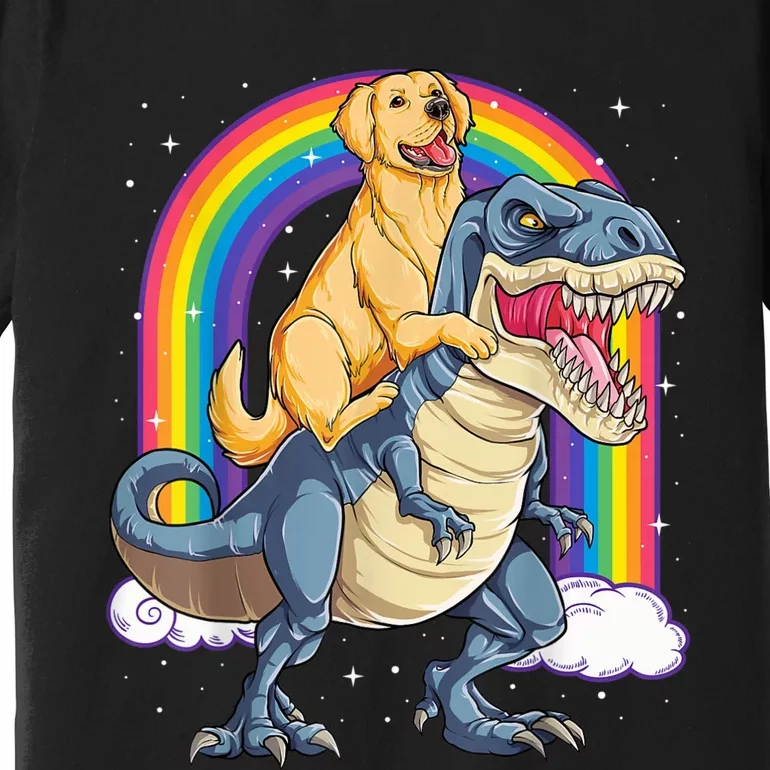 Golden Retriever Riding Dinosaur T RexBoys Rainbow Premium T-Shirt