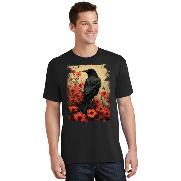 Gothic Raven Rose Enchanted Vintage Floral Crow T-Shirt