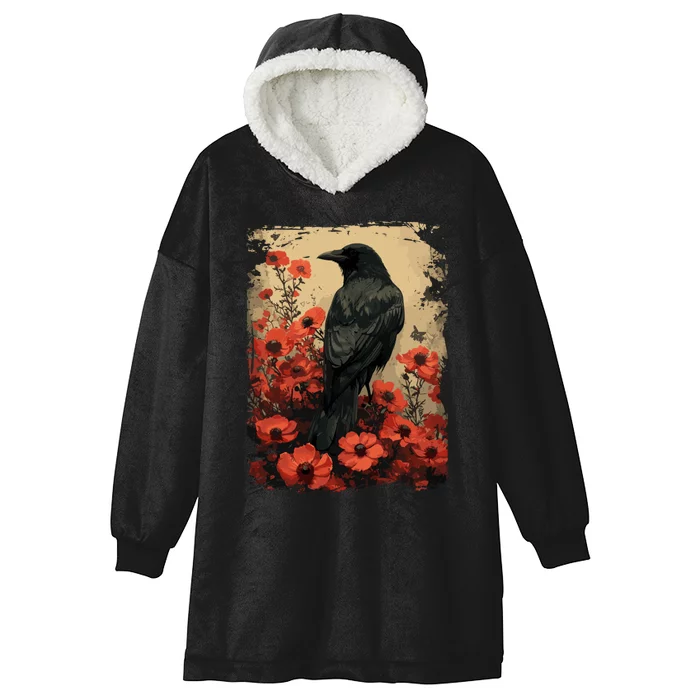 Gothic Raven Rose Enchanted Vintage Floral Crow Hooded Wearable Blanket