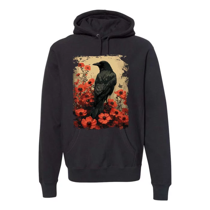 Gothic Raven Rose Enchanted Vintage Floral Crow Premium Hoodie