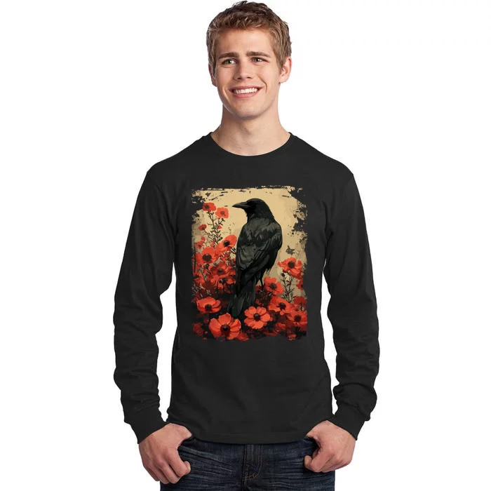 Gothic Raven Rose Enchanted Vintage Floral Crow Tall Long Sleeve T-Shirt