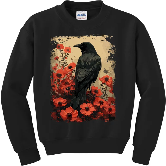 Gothic Raven Rose Enchanted Vintage Floral Crow Kids Sweatshirt