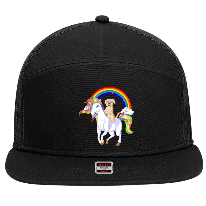 Golden Retriver Riding Unicorn 7 Panel Mesh Trucker Snapback Hat