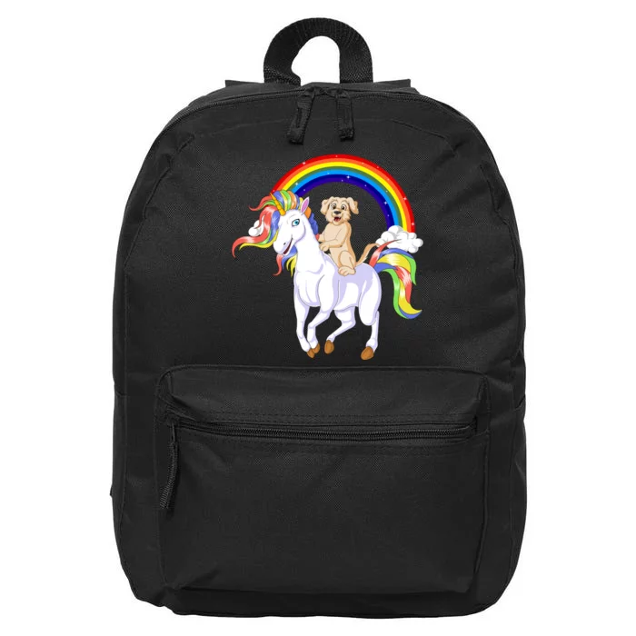 Golden Retriver Riding Unicorn 16 in Basic Backpack