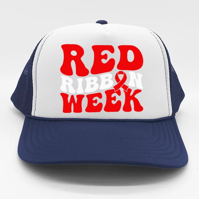 Groovy Red Ribbon Week We Wear Red For Awareness Trucker Hat