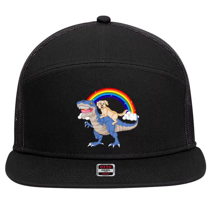 Golden Retriver Riding Dinosaur 7 Panel Mesh Trucker Snapback Hat