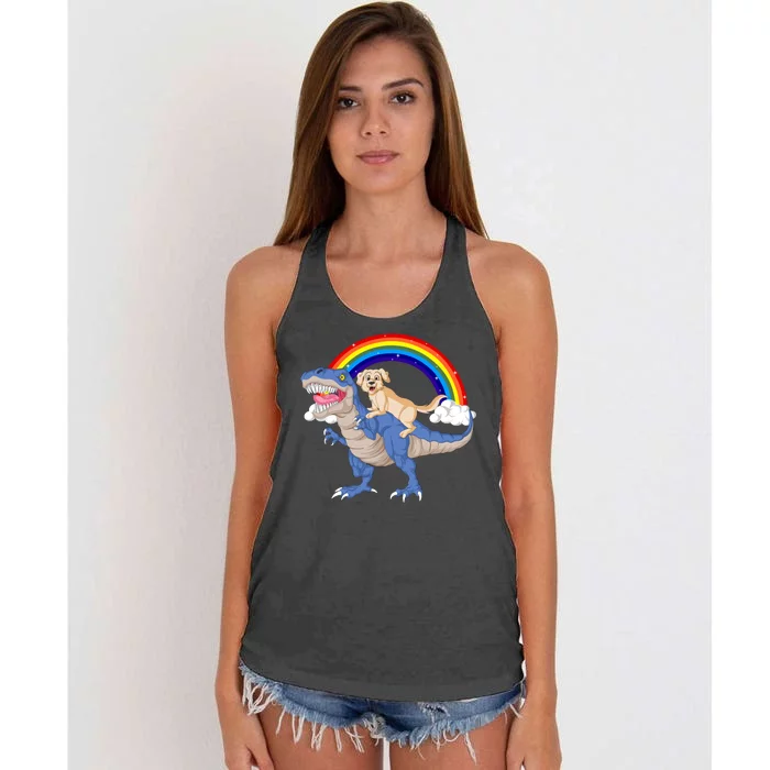 Golden Retriver Riding Dinosaur Women's Knotted Racerback Tank