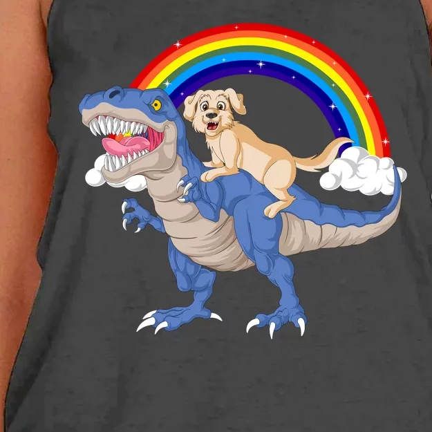 Golden Retriver Riding Dinosaur Women's Knotted Racerback Tank