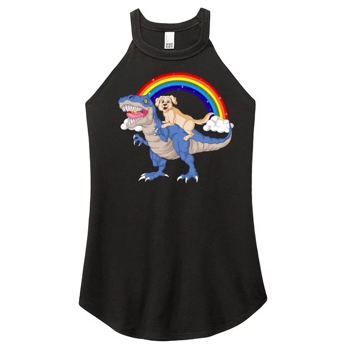 Golden Retriver Riding Dinosaur Women’s Perfect Tri Rocker Tank