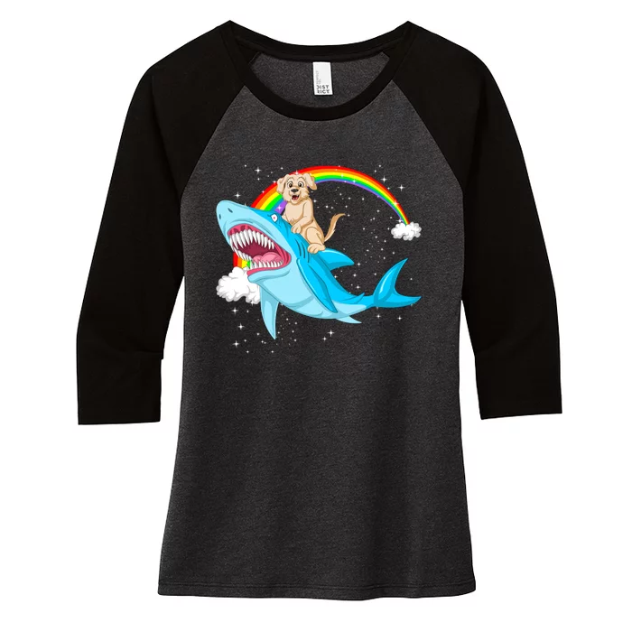 Golden Retriver Riding Shark Women's Tri-Blend 3/4-Sleeve Raglan Shirt