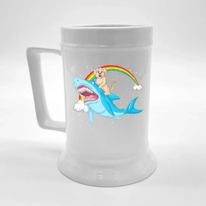 Golden Retriver Riding Shark Front & Back Beer Stein