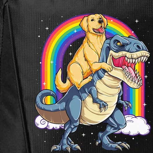 Golden Retriever Riding Dinosaur T rex Gifts Rainbow City Backpack