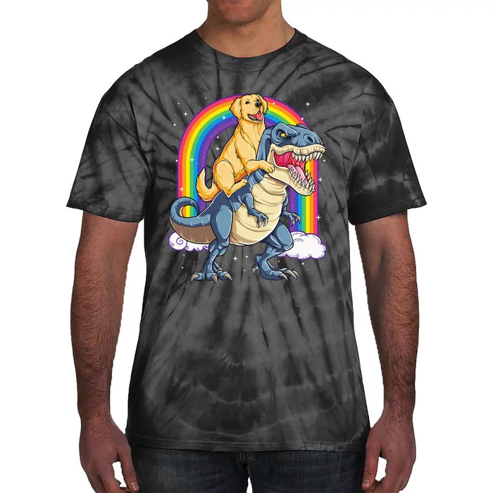 Golden Retriever Riding Dinosaur T rex Gifts Rainbow Tie-Dye T-Shirt