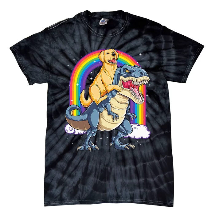 Golden Retriever Riding Dinosaur T rex Gifts Rainbow Tie-Dye T-Shirt