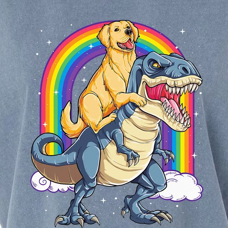 Golden Retriever Riding Dinosaur T rex Gifts Rainbow Garment-Dyed Women's Muscle Tee