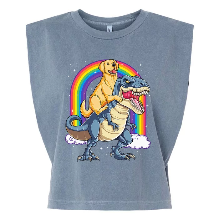 Golden Retriever Riding Dinosaur T rex Gifts Rainbow Garment-Dyed Women's Muscle Tee