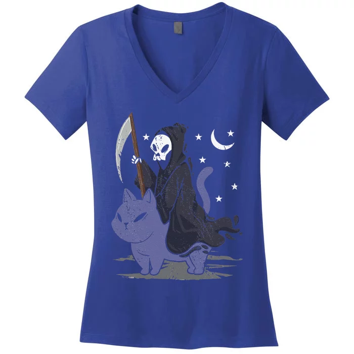 Grim Reaper Riding A Cat Funny Halloween Horror Cat Lover Women's V-Neck T-Shirt