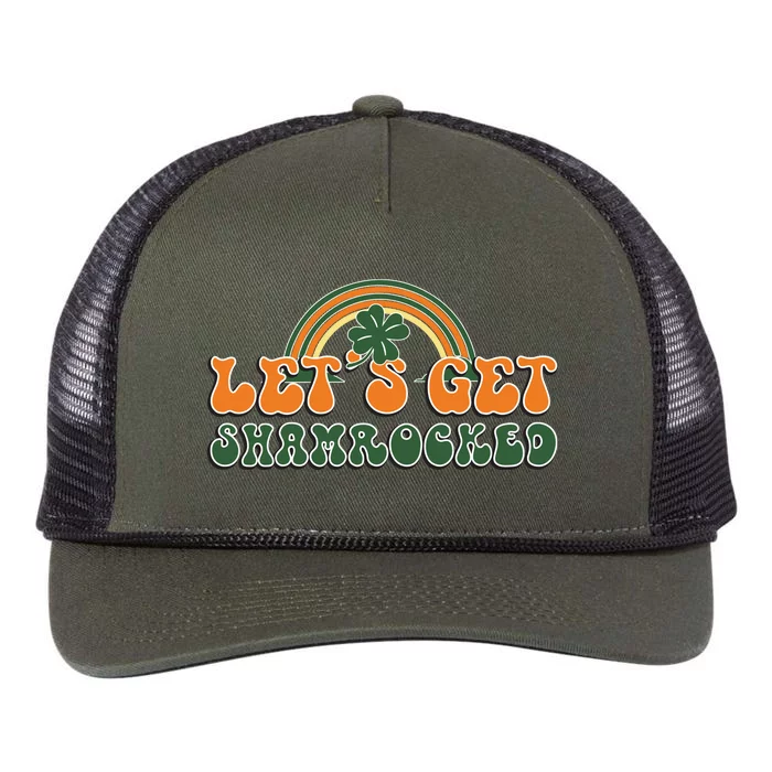 Groovy Retro Rainbow Lets Get Shamrocked St Patricks Day Shamrock Drinkin Retro Rope Trucker Hat Cap