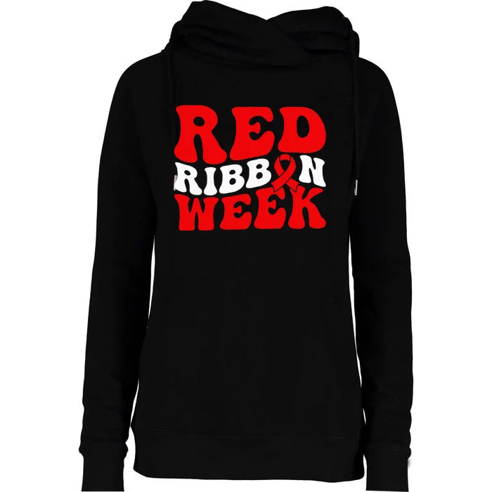 Groovy Red Ribbon Week We Wear Red For Awareness Womens Funnel Neck Pullover Hood