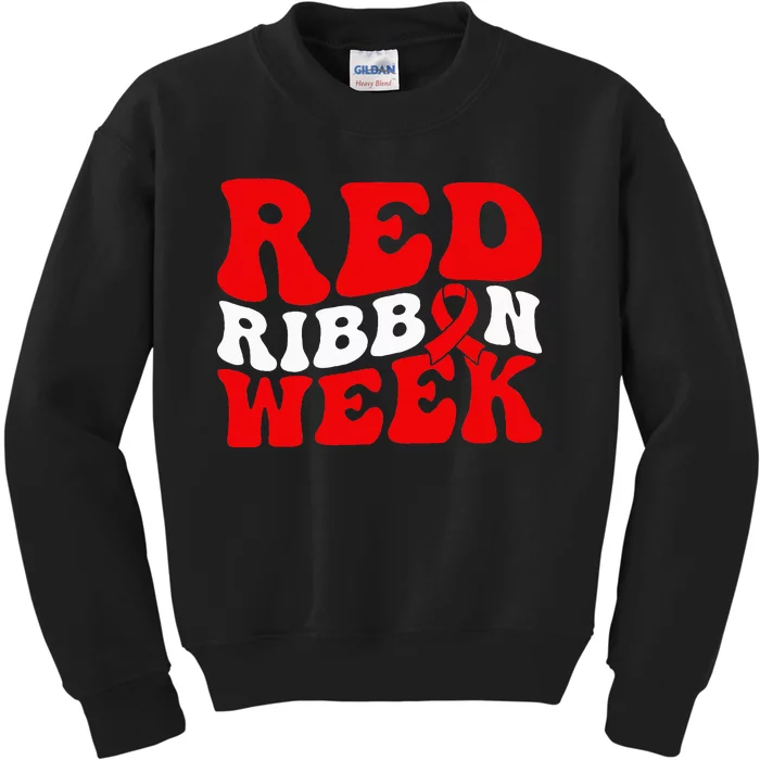 Groovy Red Ribbon Week We Wear Red For Awareness Kids Sweatshirt