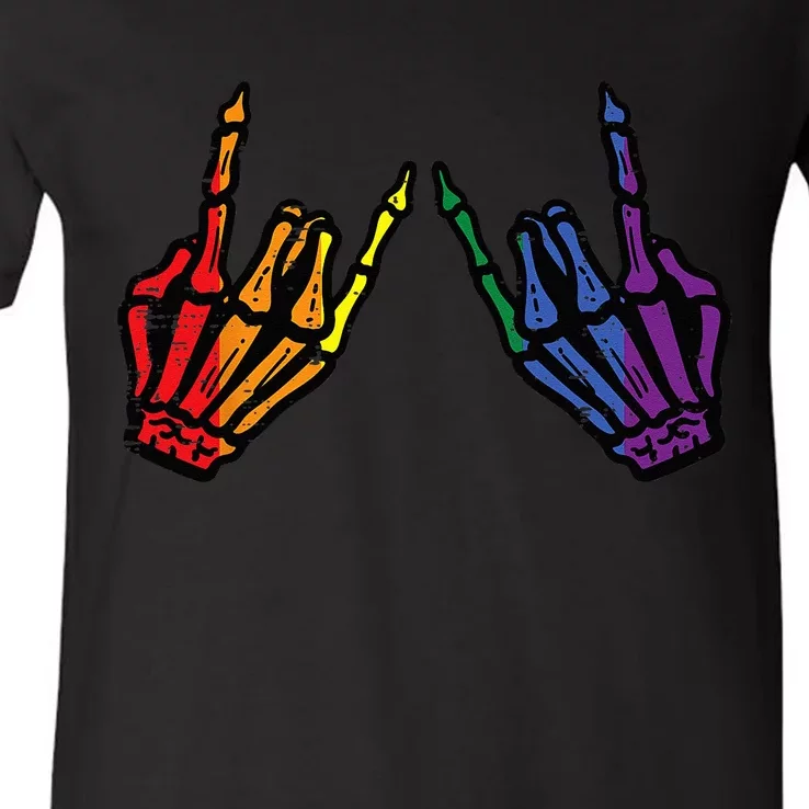 Gay Rocker Skeleton Hands Rainbow Pride Lgbt Rock V-Neck T-Shirt