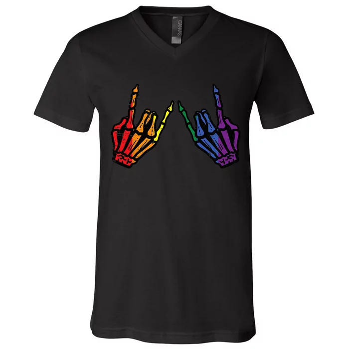 Gay Rocker Skeleton Hands Rainbow Pride Lgbt Rock V-Neck T-Shirt