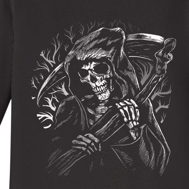 Grim Reaper Skull Death Scythe Dead Gothic Horror Baby Long Sleeve Bodysuit