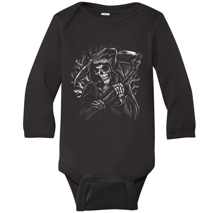 Grim Reaper Skull Death Scythe Dead Gothic Horror Baby Long Sleeve Bodysuit