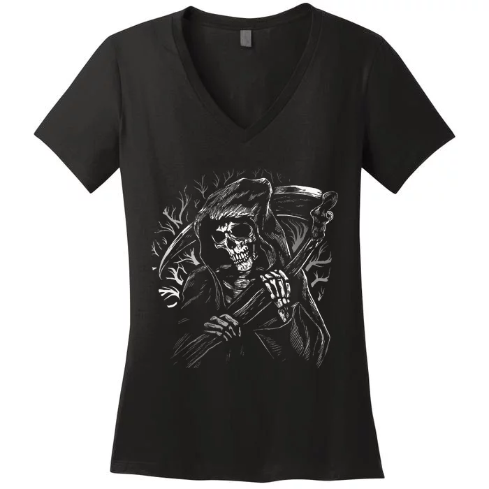 Grim Reaper Skull Death Scythe Dead Gothic Horror Women's V-Neck T-Shirt